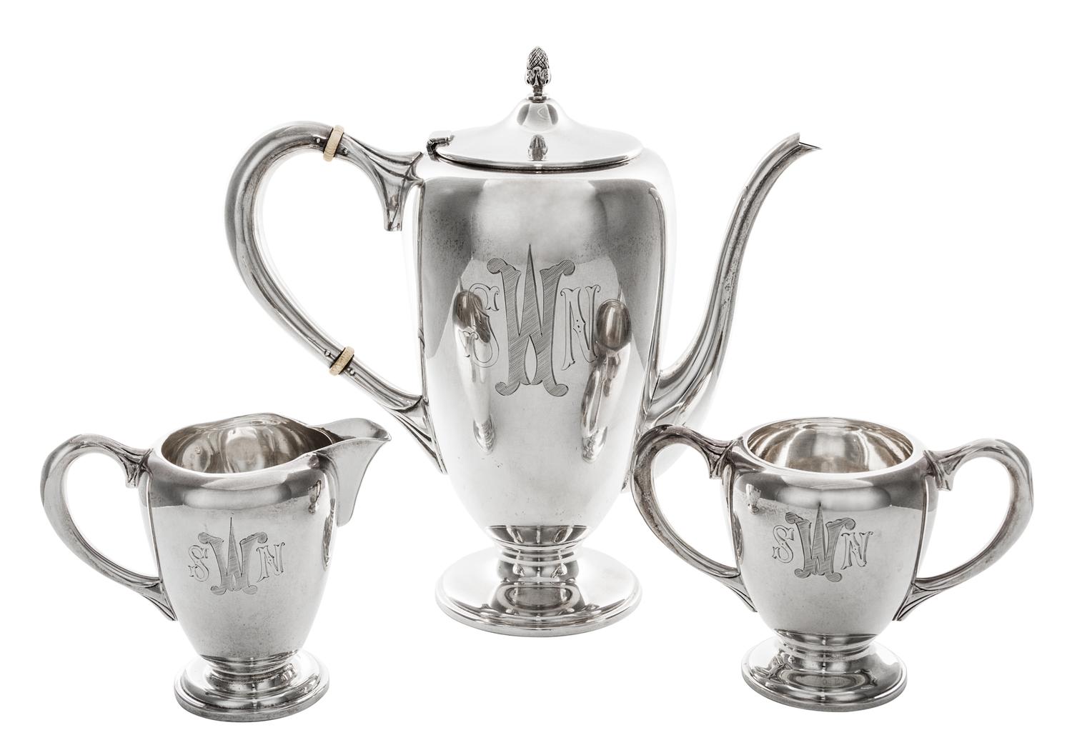 An American Silver Coffee Service, M. Fred Hirsch Co., Jersey City, NJ, comprising a coffee pot, a creamer and an open sugar engraved w