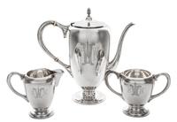 An American Silver Coffee Service, M. Fred Hirsch Co., Jersey City, NJ, comprising a coffee pot, a creamer and an open sugar engraved w