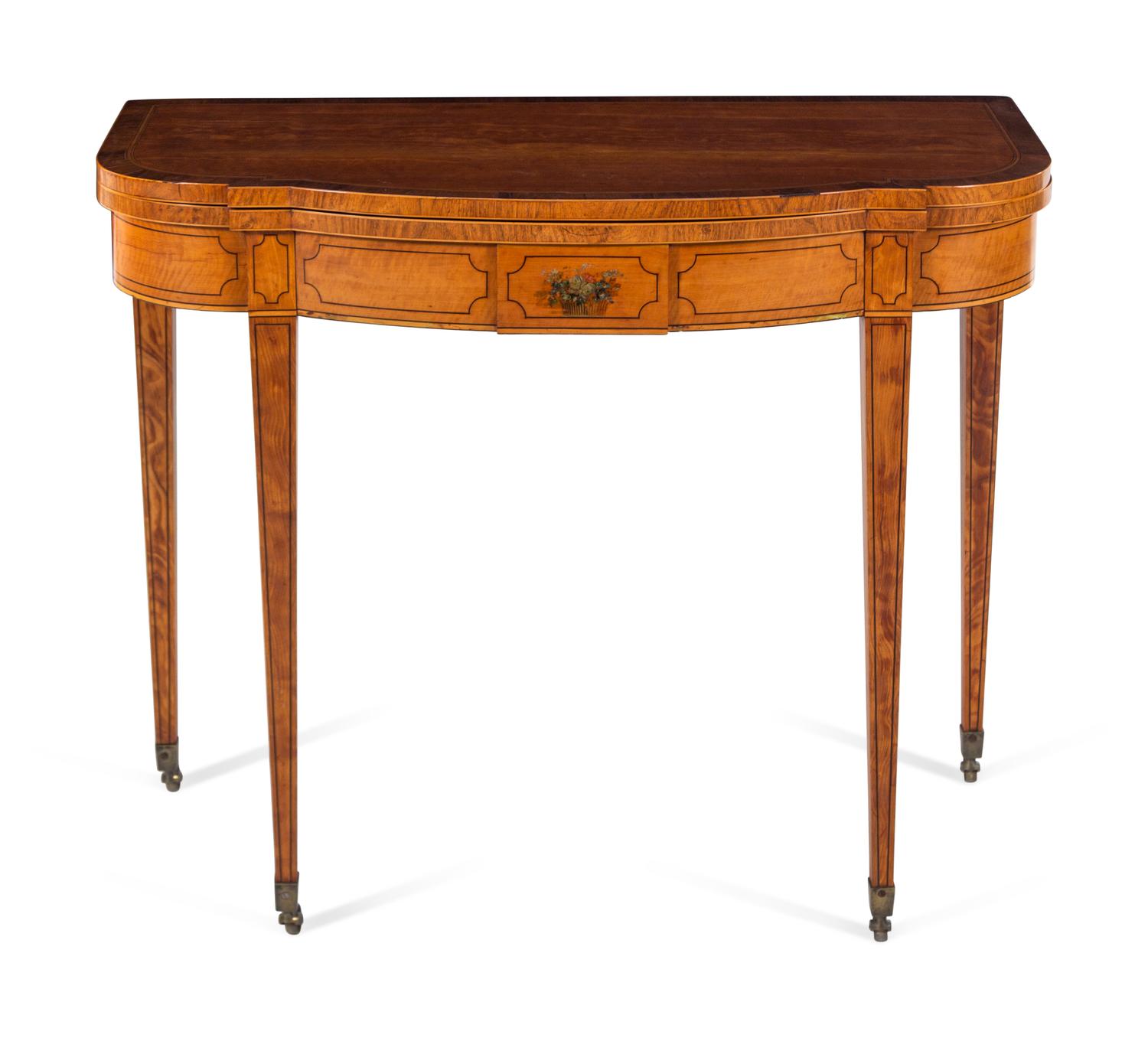 A Regency Painted and Inlaid Satinwood Flip-Top Game Table