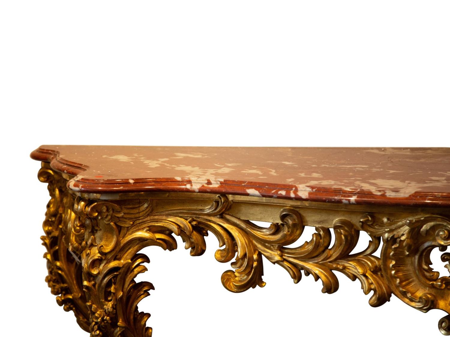 A Louis XIV Carved Giltwood Rouge Marble Top Console Table — 18TH CENTURY
