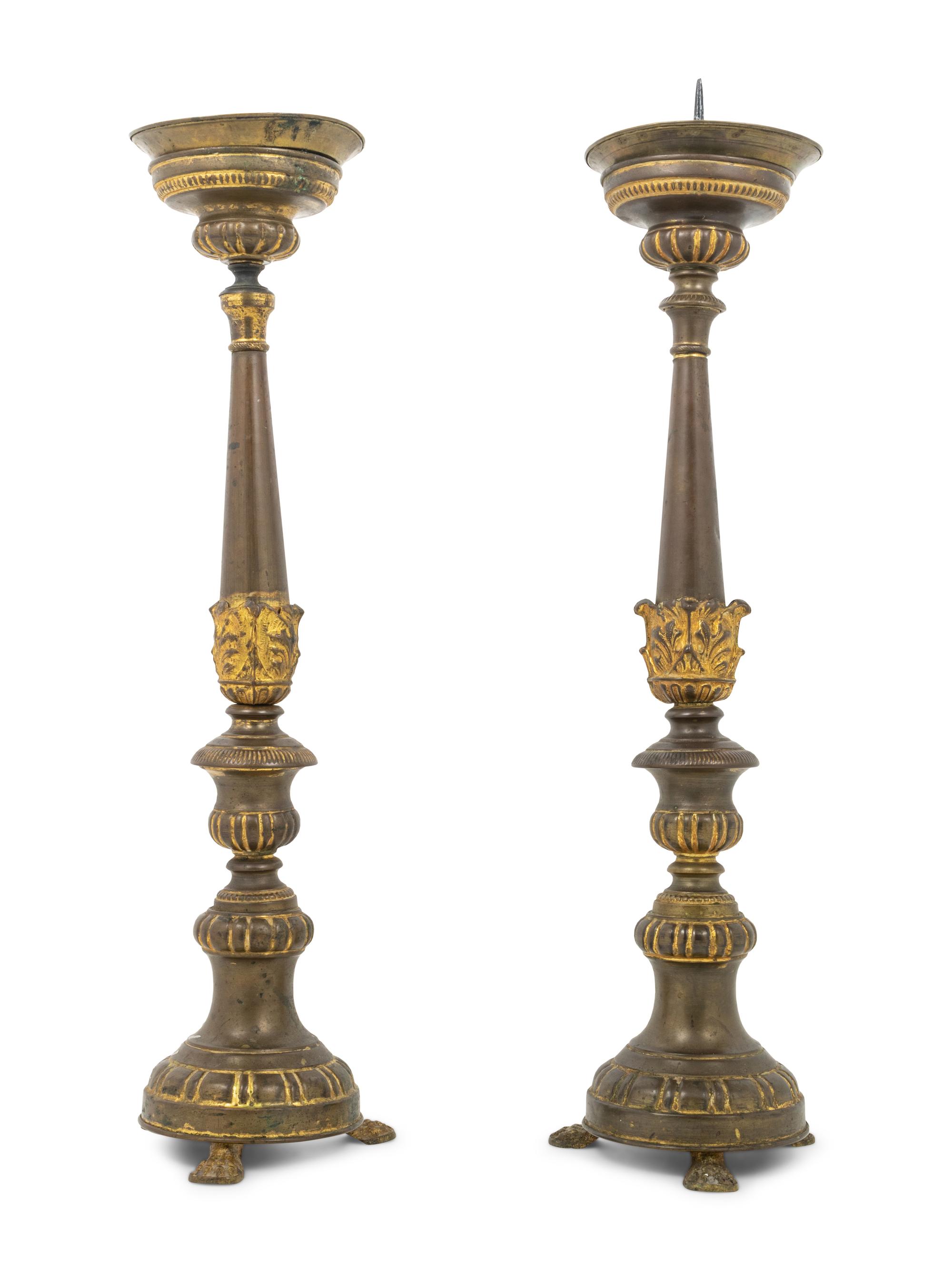 A Pair of Continental Gilt Metal Pricket Sticks