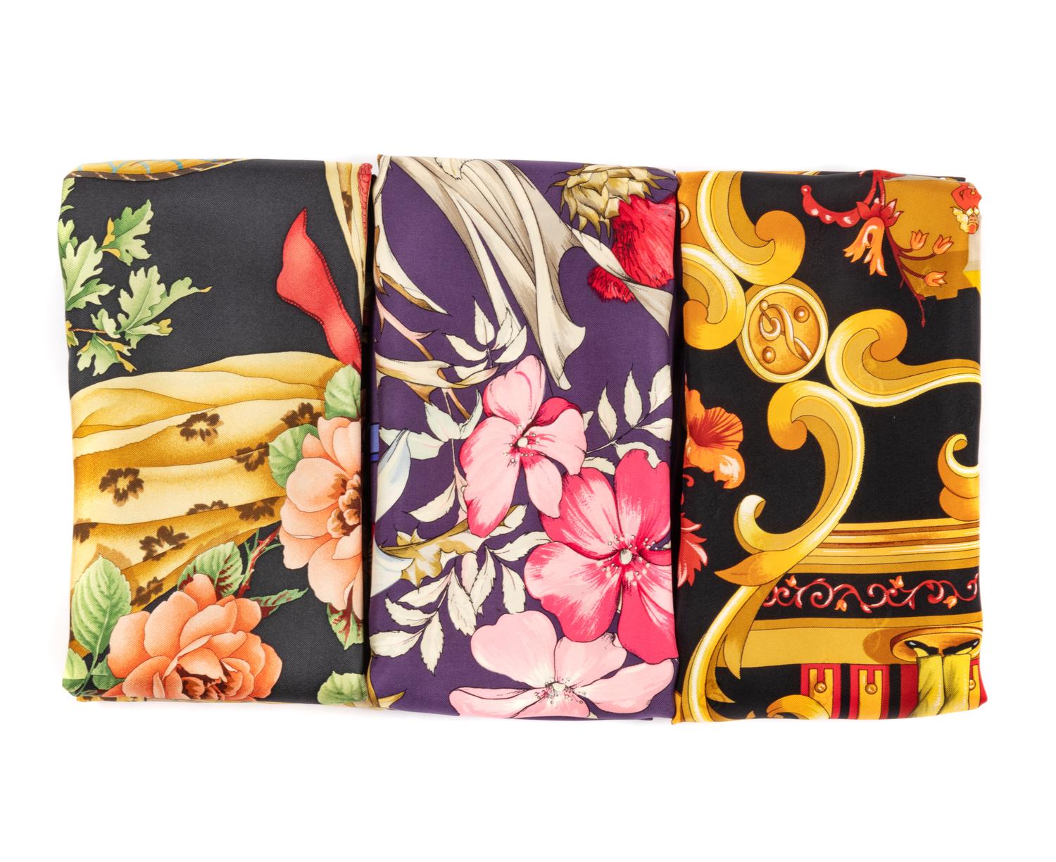 Three Scarves: Two 90 cm Hermès, One Ferragamo