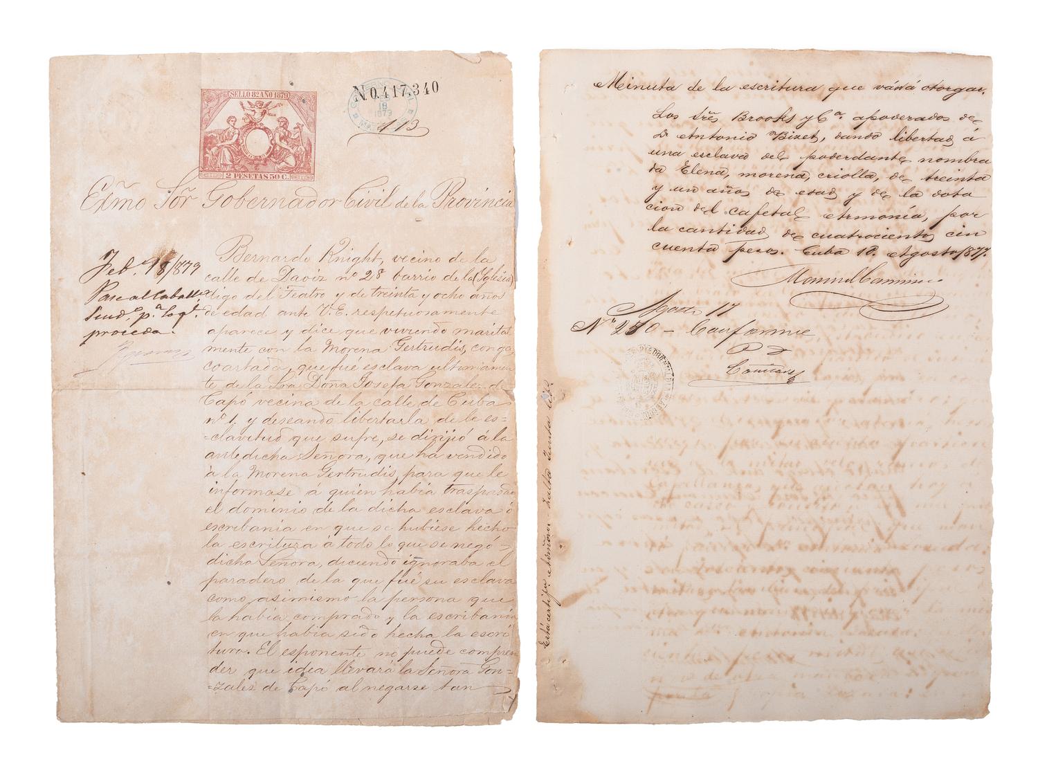 [SLAVERY & ABOLITION]. A group of 12 manumission documents for enslaved persons in Cuba. 1871-1879.