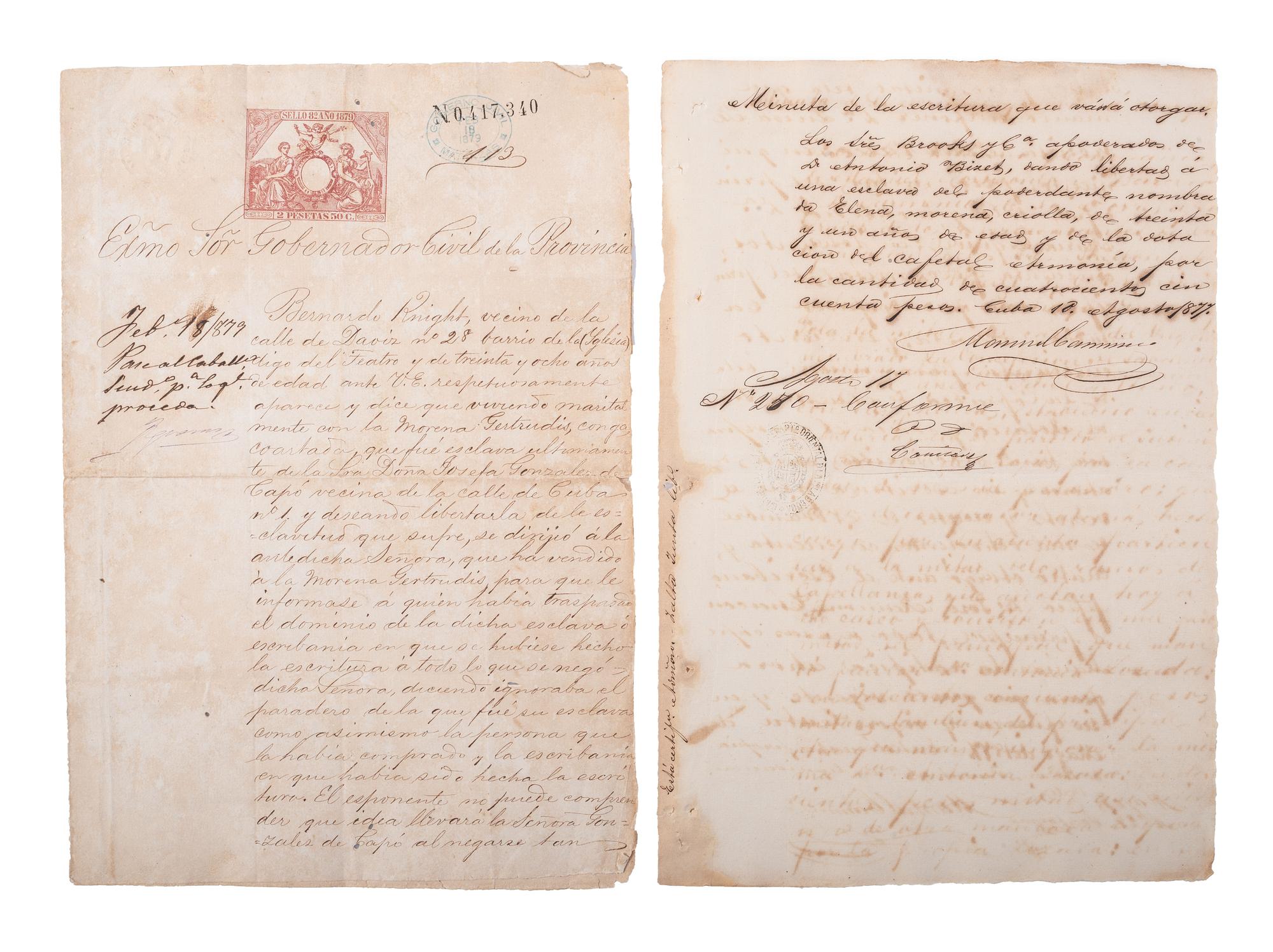 [SLAVERY & ABOLITION]. A group of 12 manumission documents for enslaved persons in Cuba. 1871-1879.