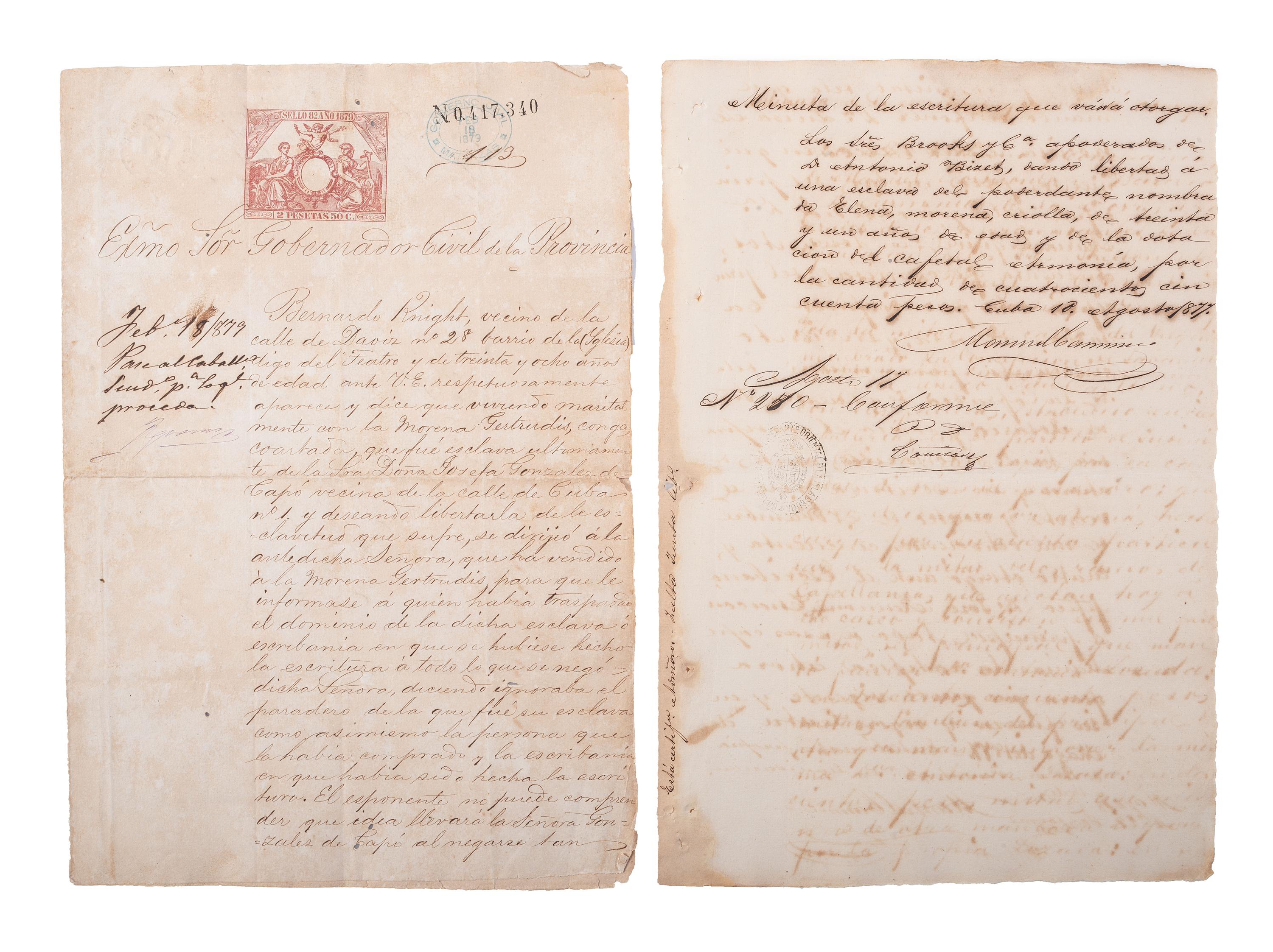 [SLAVERY & ABOLITION]. A group of 12 manumission documents for enslaved persons in Cuba. 1871-1879.