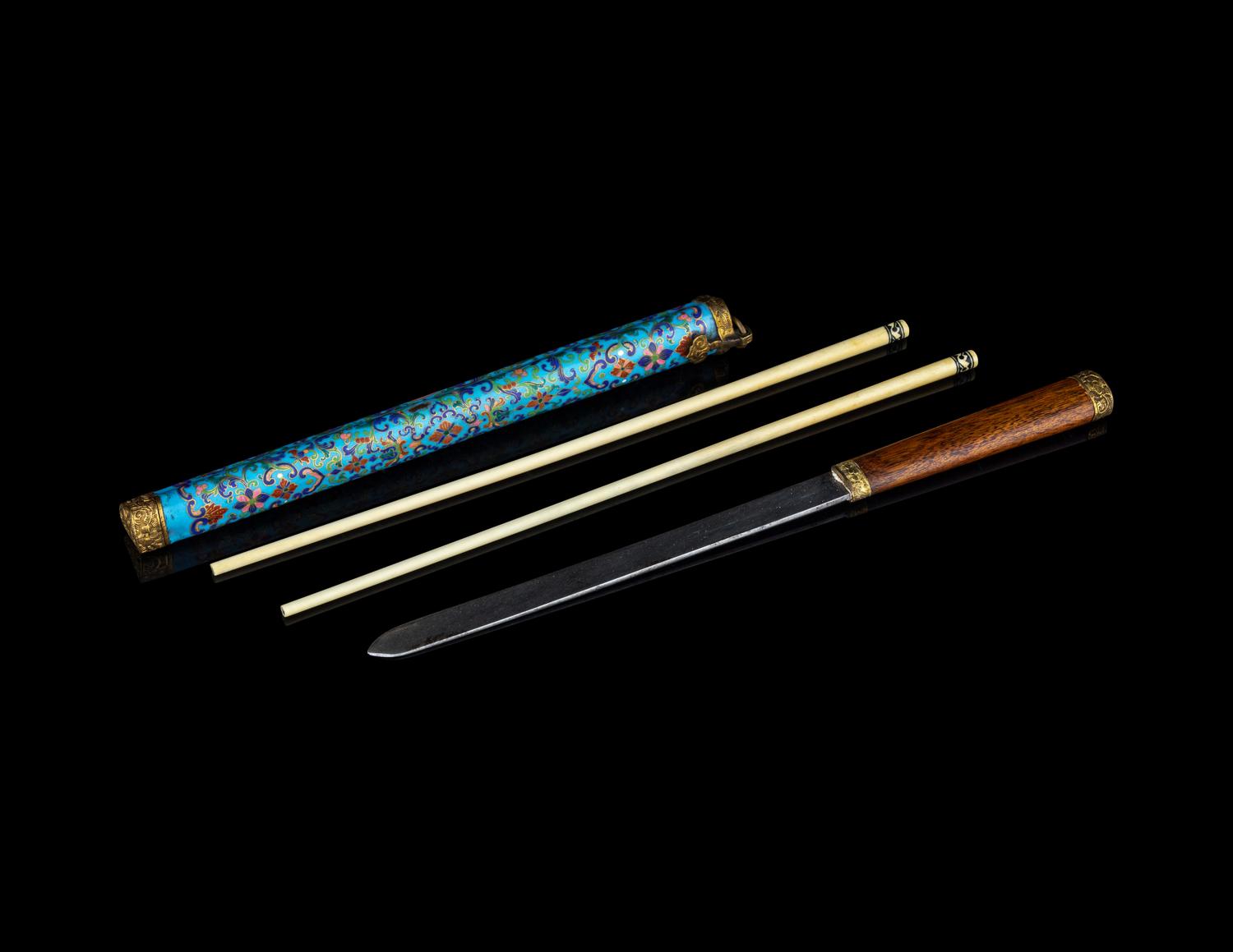 A Rare Huanghuali and Famille Rose Cloisonné-Imitation Knife and Chopsticks Set