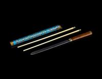 A Rare Huanghuali and Famille Rose Cloisonné-Imitation Knife and Chopsticks Set