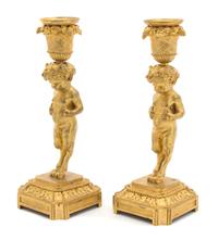 A Pair of French Gilt Bronze Candlesticks Height 8 x diameter squared 3 inches. — 19TH CENTURY