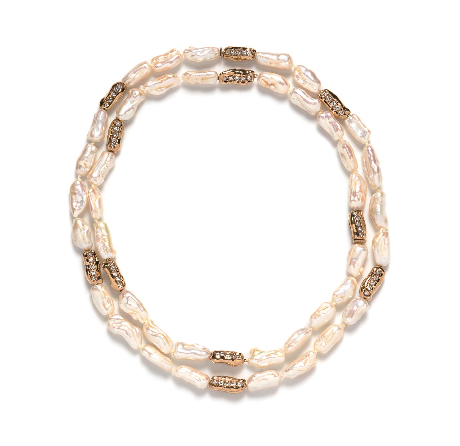 A Pair of 18 Karat Yellow Gold, Diamond and Cultured Pearl Necklaces,