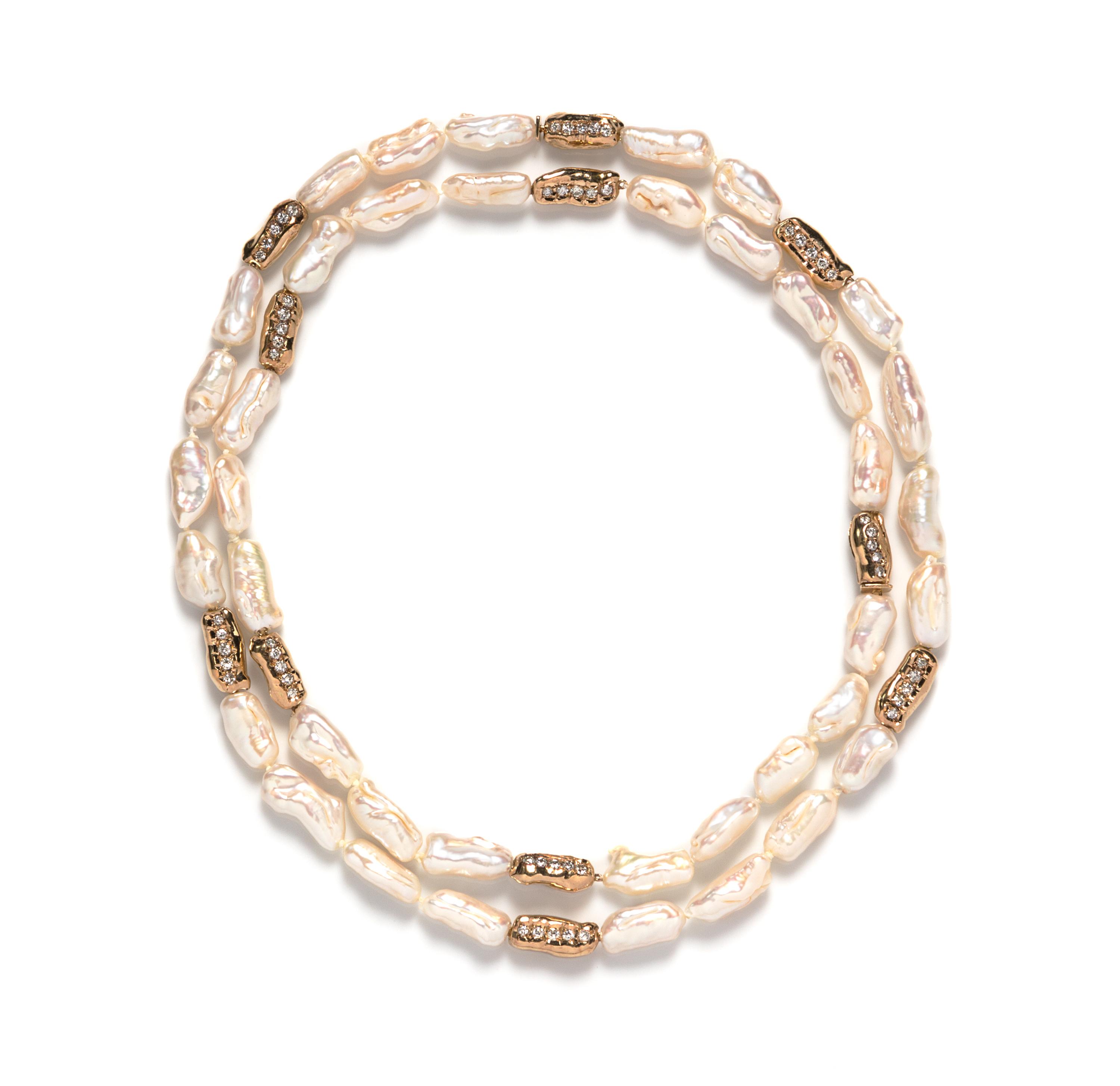 A Pair of 18 Karat Yellow Gold, Diamond and Cultured Pearl Necklaces,
