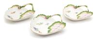 Three Mottahedeh Porcelain Hand-Painted Leaf-Form Plates Length 7 1/2 inches. — 20TH CENTURY