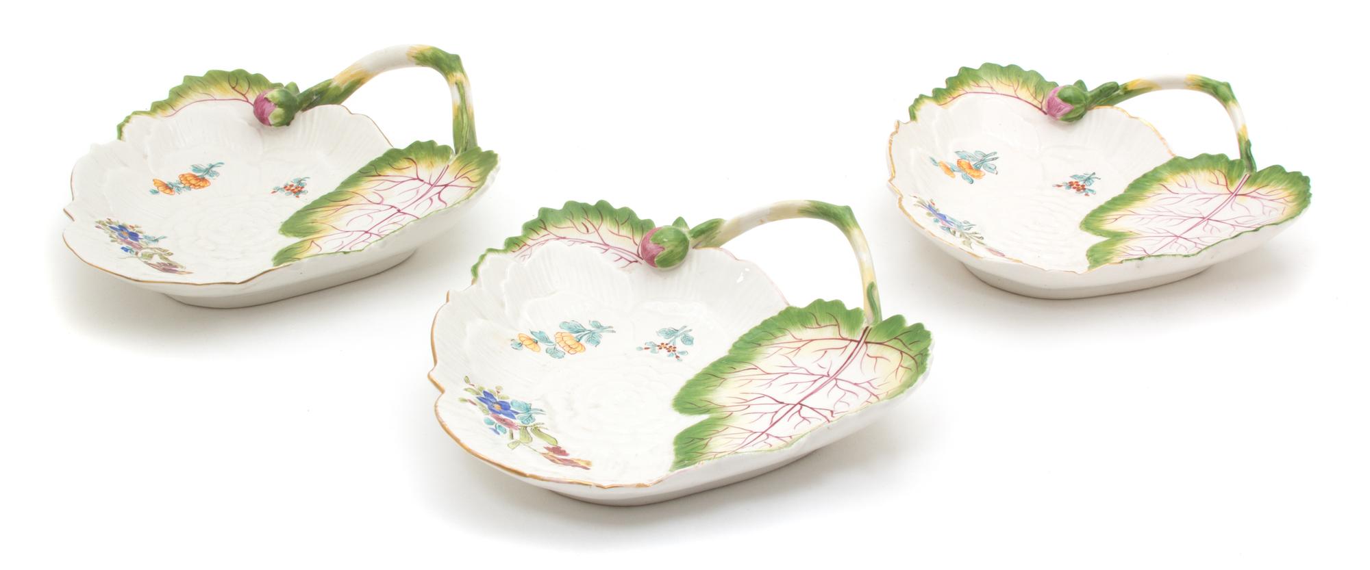 Three Mottahedeh Porcelain Hand-Painted Leaf-Form Plates Length 7 1/2 inches. — 20TH CENTURY