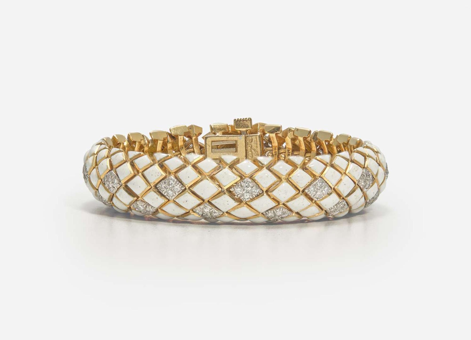 A David Webb 18K Yellow Gold, Platinum, Diamond, and Enamel Bracelet