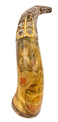An American Folk Decorated and Metal-Inset Powder Horn Length 14 inches. — JOSIAH OWENS, CIRCA 1856