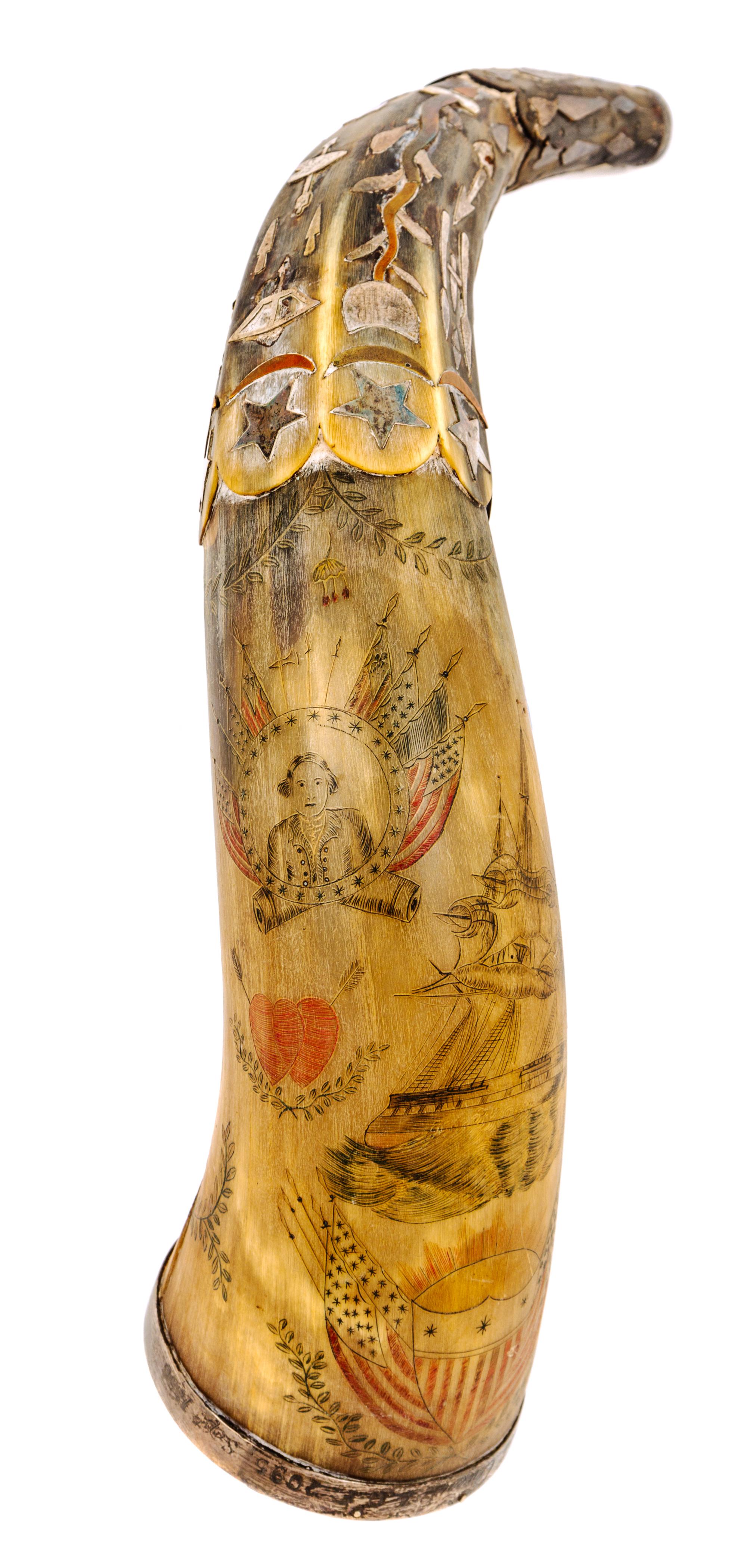 An American Folk Decorated and Metal-Inset Powder Horn Length 14 inches. — JOSIAH OWENS, CIRCA 1856