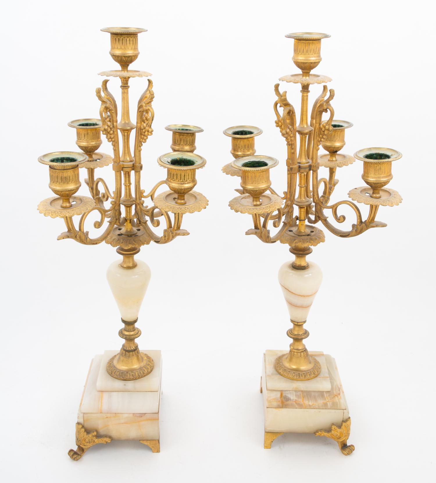 A Pair of Gilt Bronze and Onyx Five-Light Candelabra Height 17 3/4 inches. — 20TH CENTURY