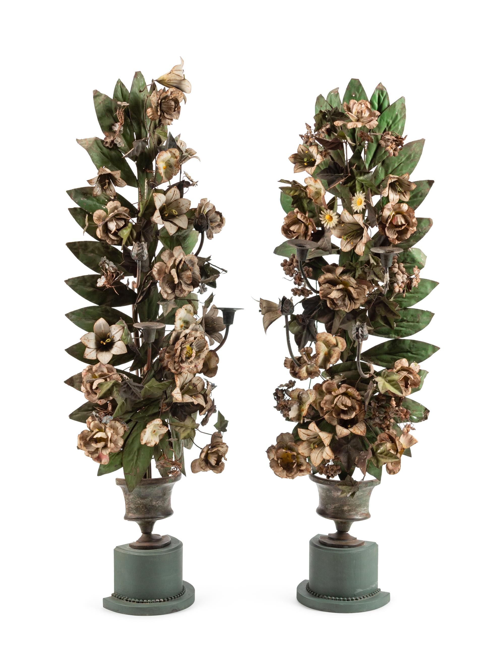 A Pair of Neoclassical Style Tole Flower-Filled Urns — 19TH CENTURY