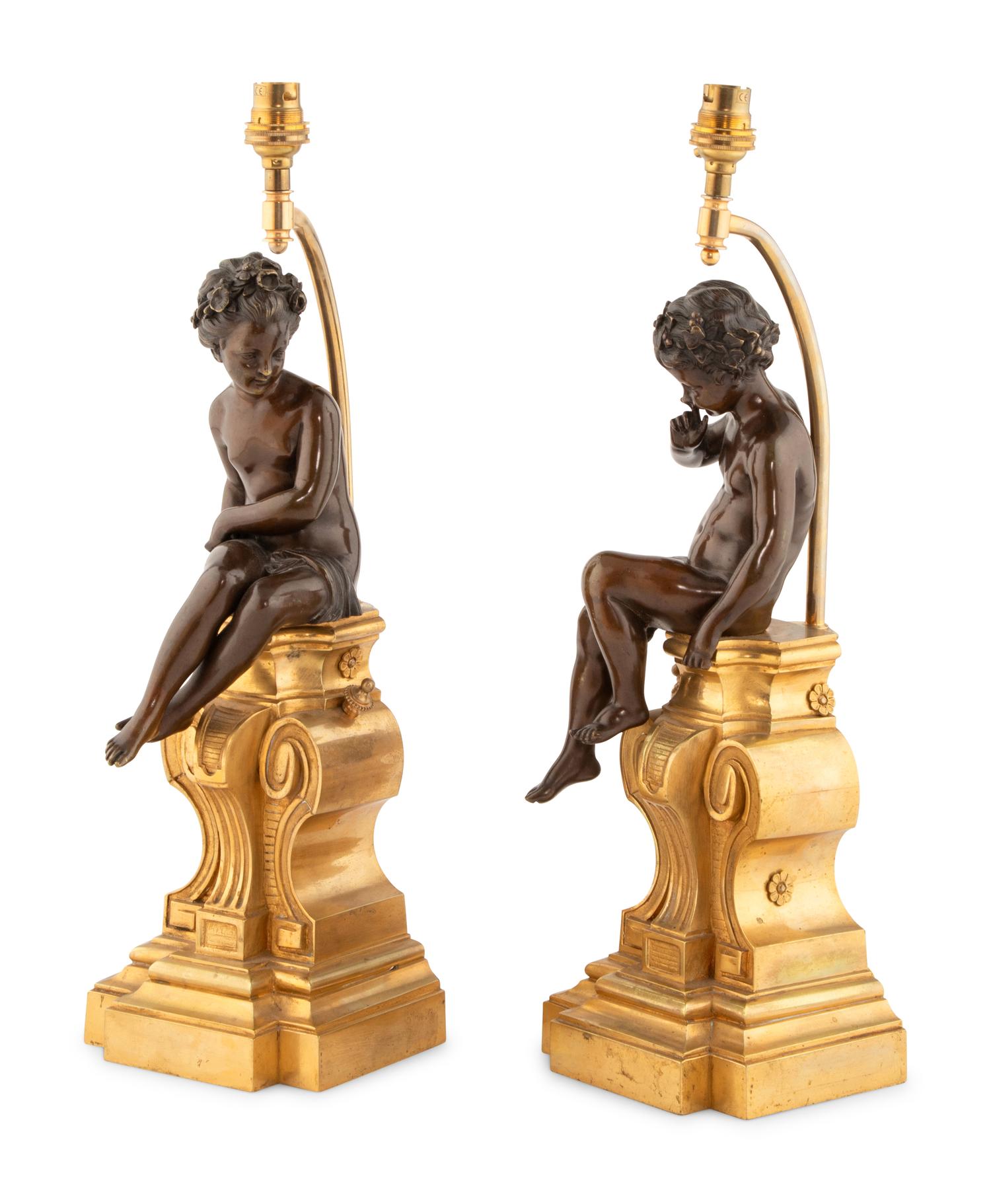 A Pair Continental Parcel-Gilt Bronze Putti Figures