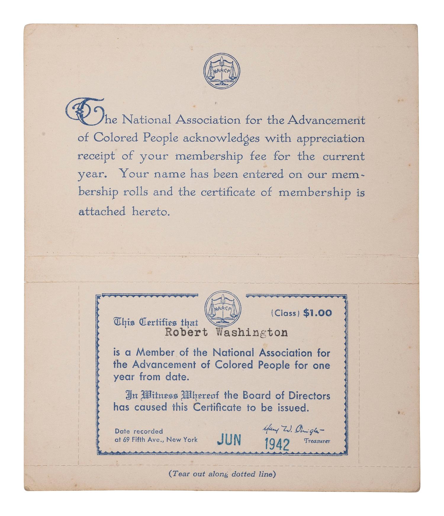 [CIVIL RIGHTS]. NAACP membership card identified to Robert Washington, Dillwyn, Virginia. 1942.