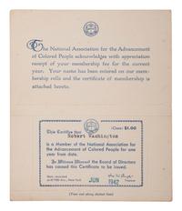 [CIVIL RIGHTS]. NAACP membership card identified to Robert Washington, Dillwyn, Virginia. 1942.