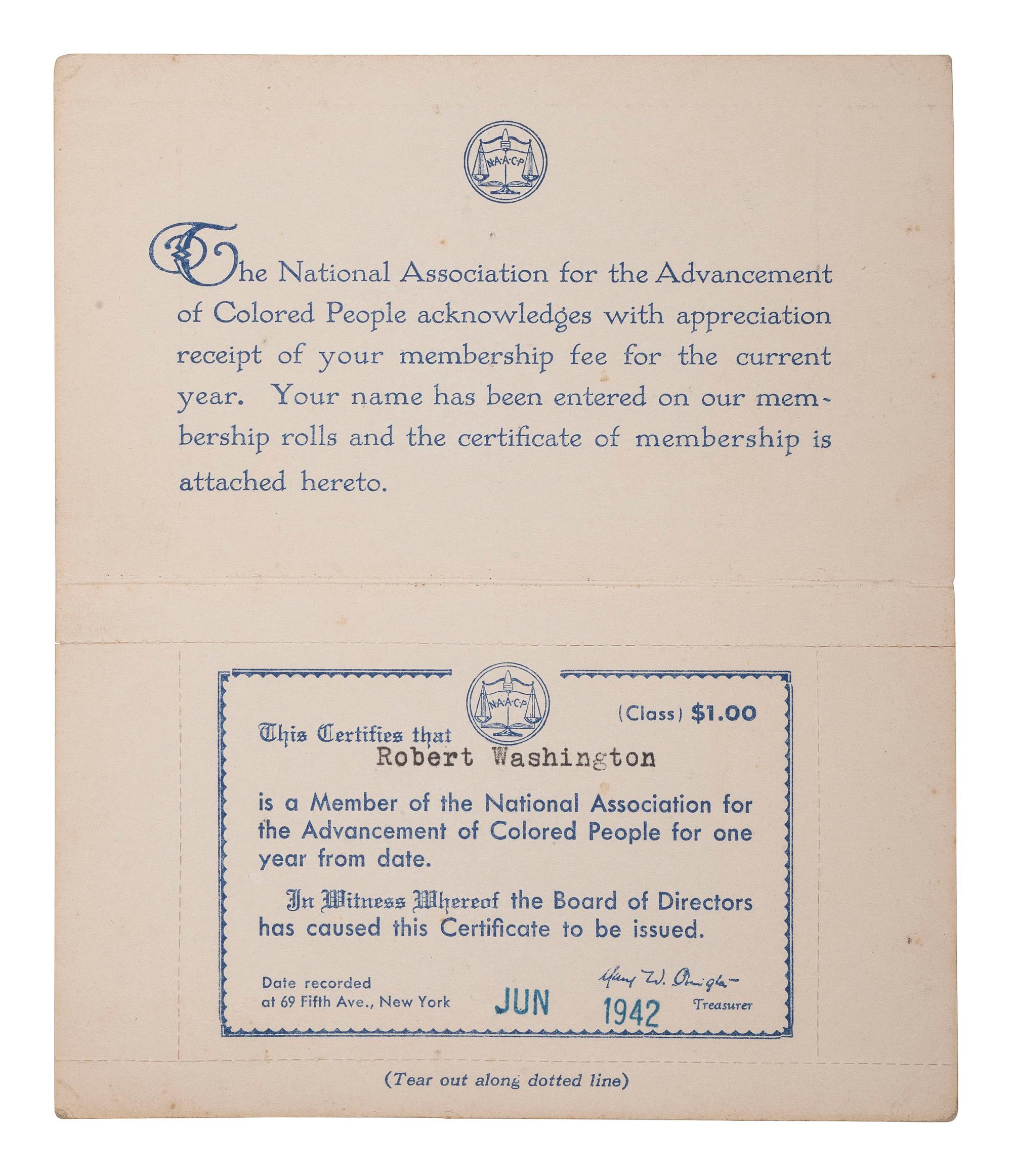 [CIVIL RIGHTS]. NAACP membership card identified to Robert Washington, Dillwyn, Virginia. 1942.
