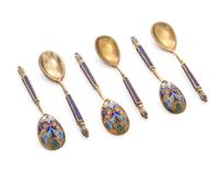 A Set of Six Russian Silver-Gilt and Enamel Demitasse Spoons, Mark of Mikhail Grachev with Imperial Warrant, St. Petersburg, Late 19th/