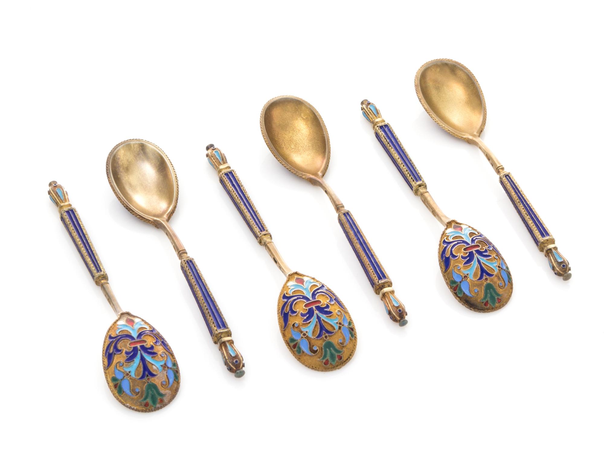 A Set of Six Russian Silver-Gilt and Enamel Demitasse Spoons, Mark of Mikhail Grachev with Imperial Warrant, St. Petersburg, Late 19th/
