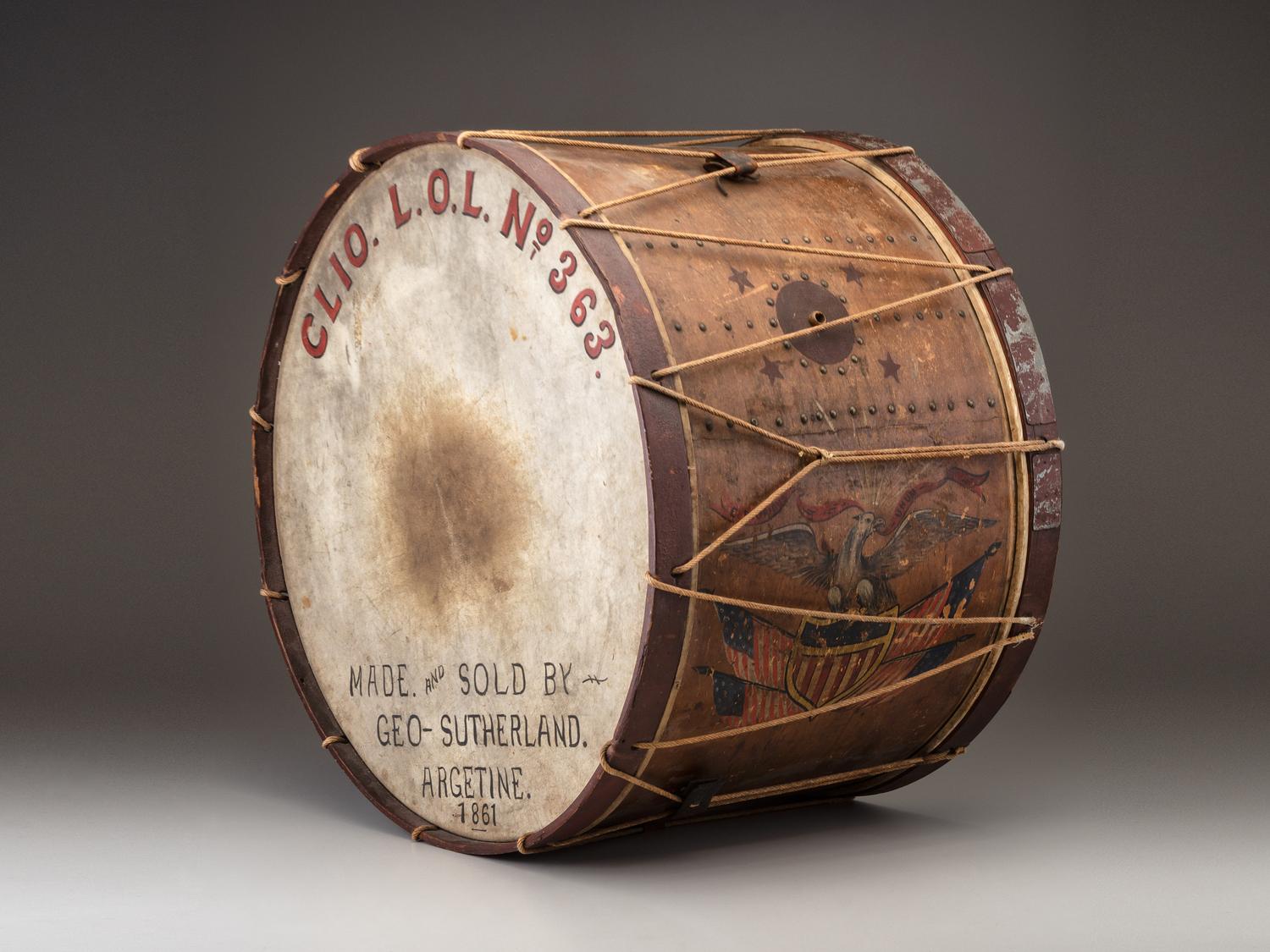 [CIVIL WAR]. Painted bass drum. Manufactured by George G. Sutherland, Argentine, [MI], 1861.