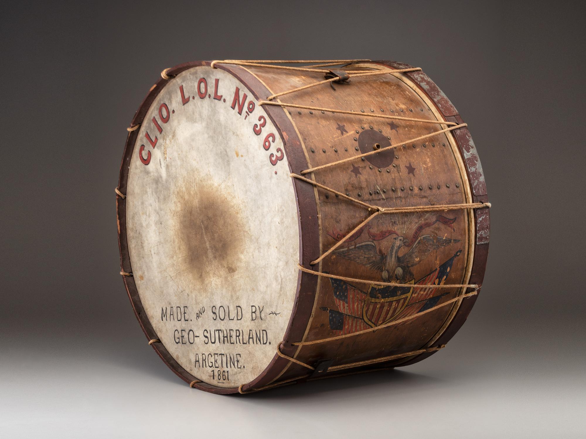 [CIVIL WAR]. Painted bass drum. Manufactured by George G. Sutherland, Argentine, [MI], 1861.
