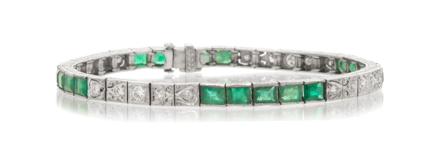 An Art Deco Platinum, Emerald and Diamond Bracelet, 13.70 dwts.
