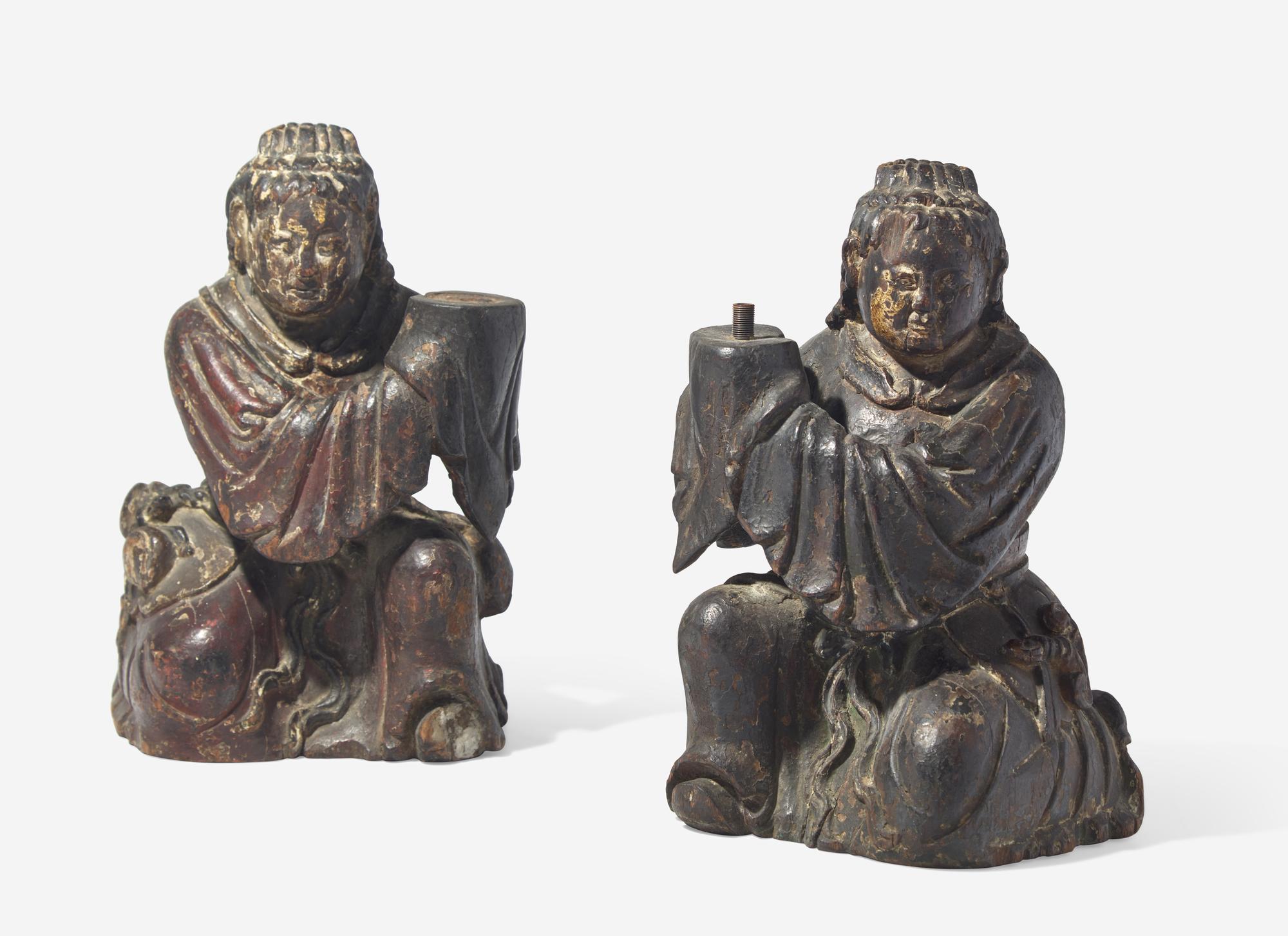 A Pair of Chinese Carved Wood Figural Candleholders
