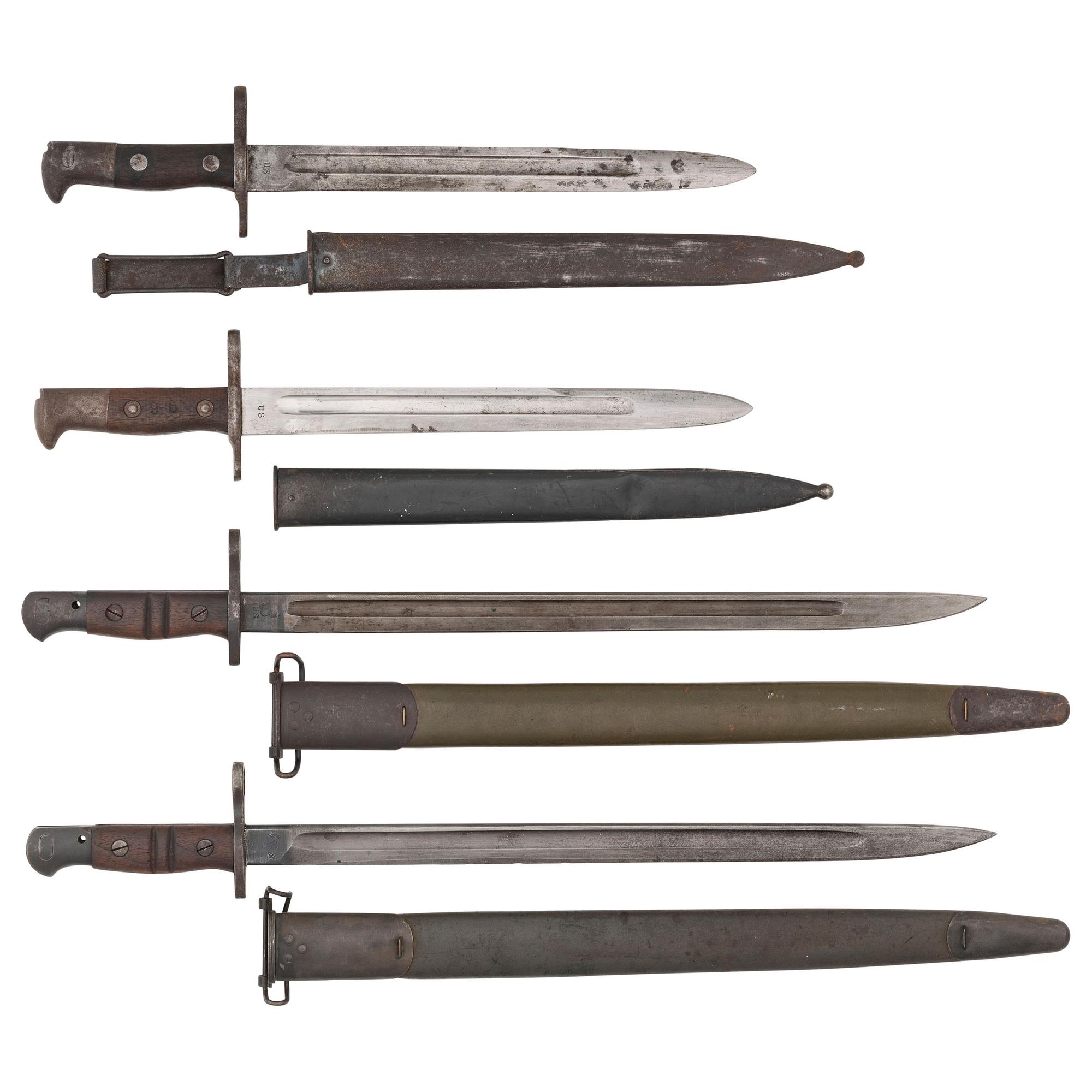 Lot of 4 U.S. Knife Bayonets & Scabbards Including: M1892 Krag and M1917