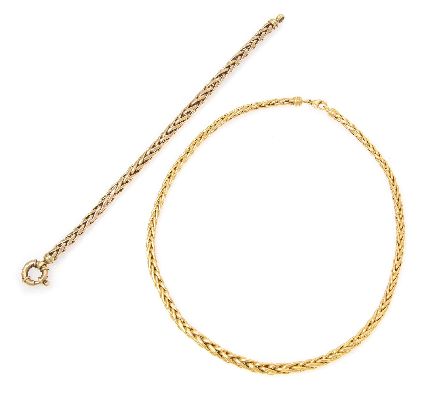 A Collection of Yellow Gold Wheat Chain Jewelry, 20.50 dwts.
