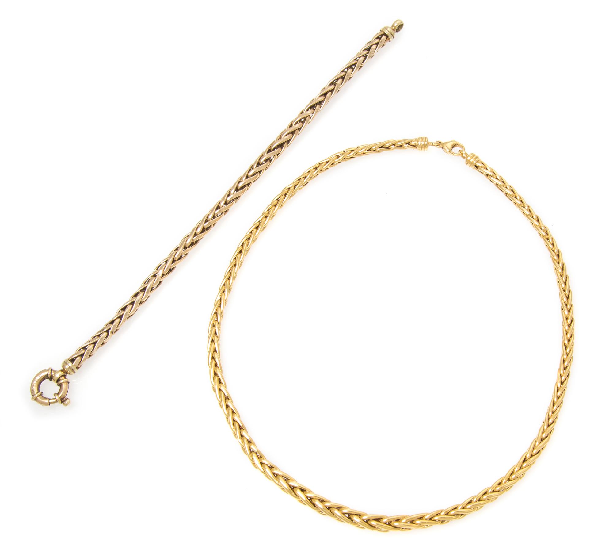 A Collection of Yellow Gold Wheat Chain Jewelry, 20.50 dwts.