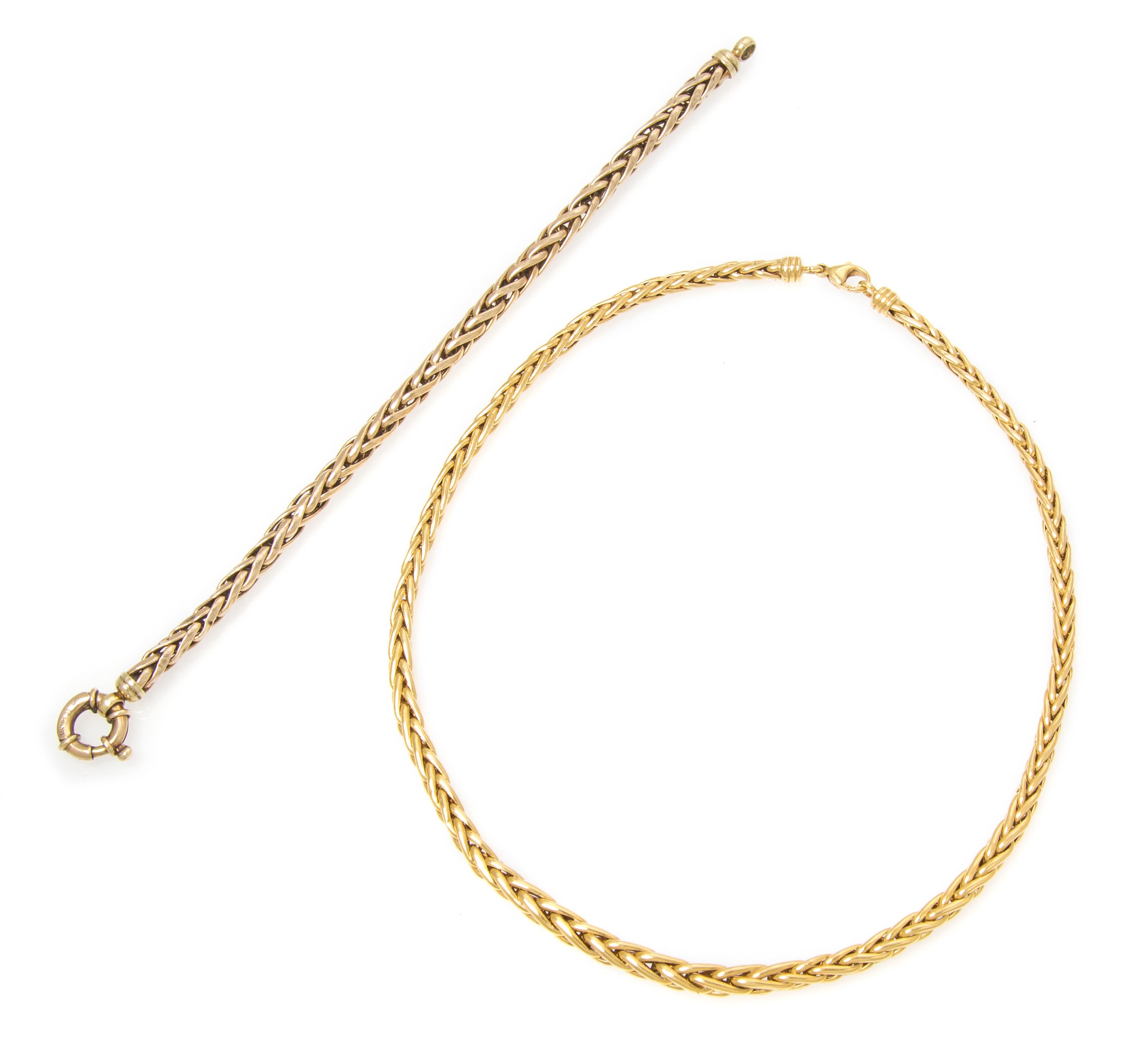 A Collection of Yellow Gold Wheat Chain Jewelry, 20.50 dwts.