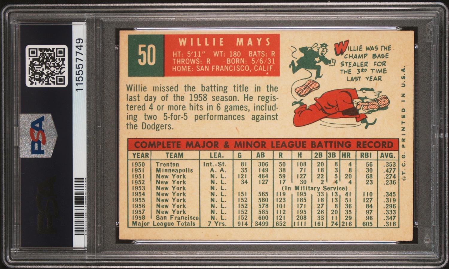 A 1959 Topps Willie Mays Baseball Card No. 50 (PSA 4 VG-EX) from The Collection of David Eisenhower