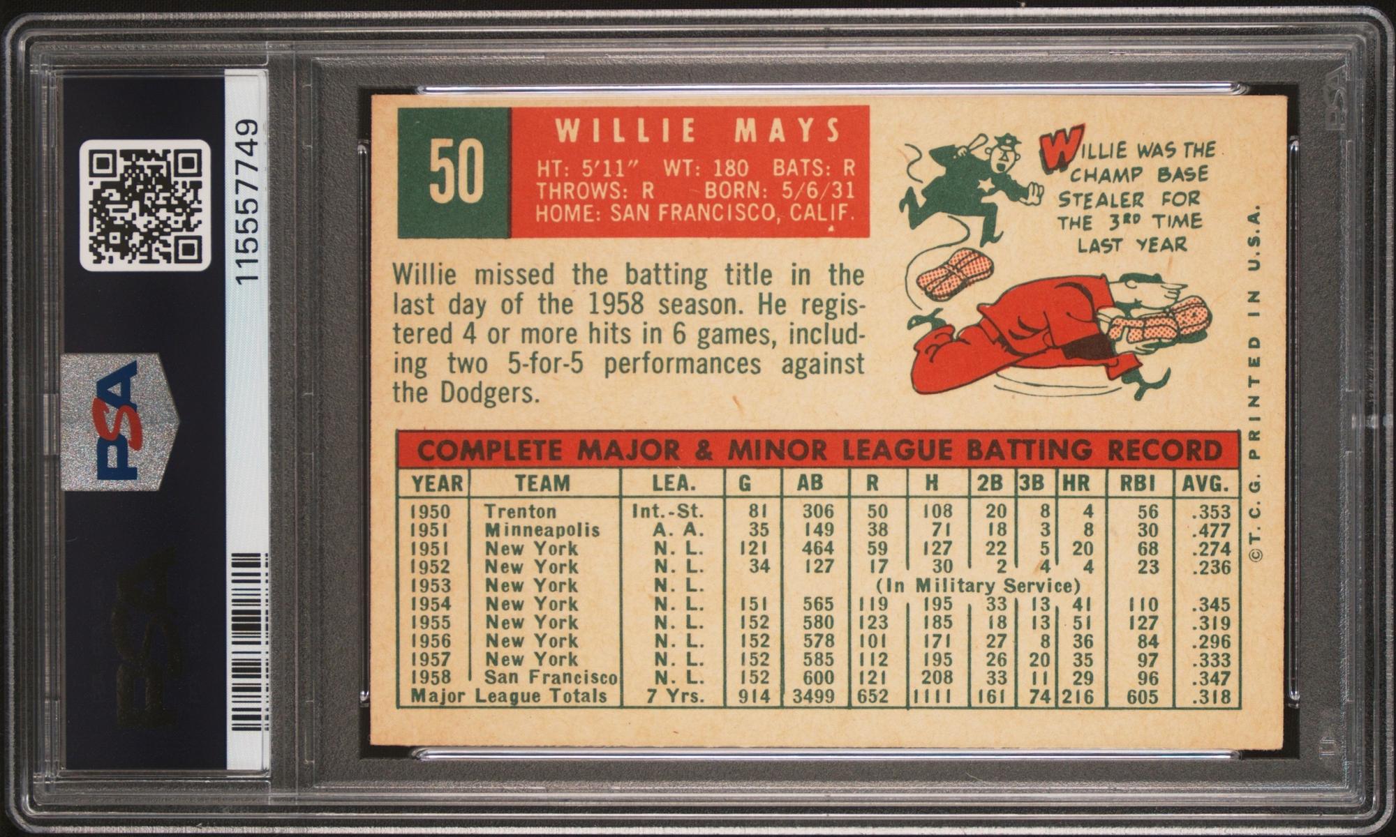 A 1959 Topps Willie Mays Baseball Card No. 50 (PSA 4 VG-EX) from The Collection of David Eisenhower