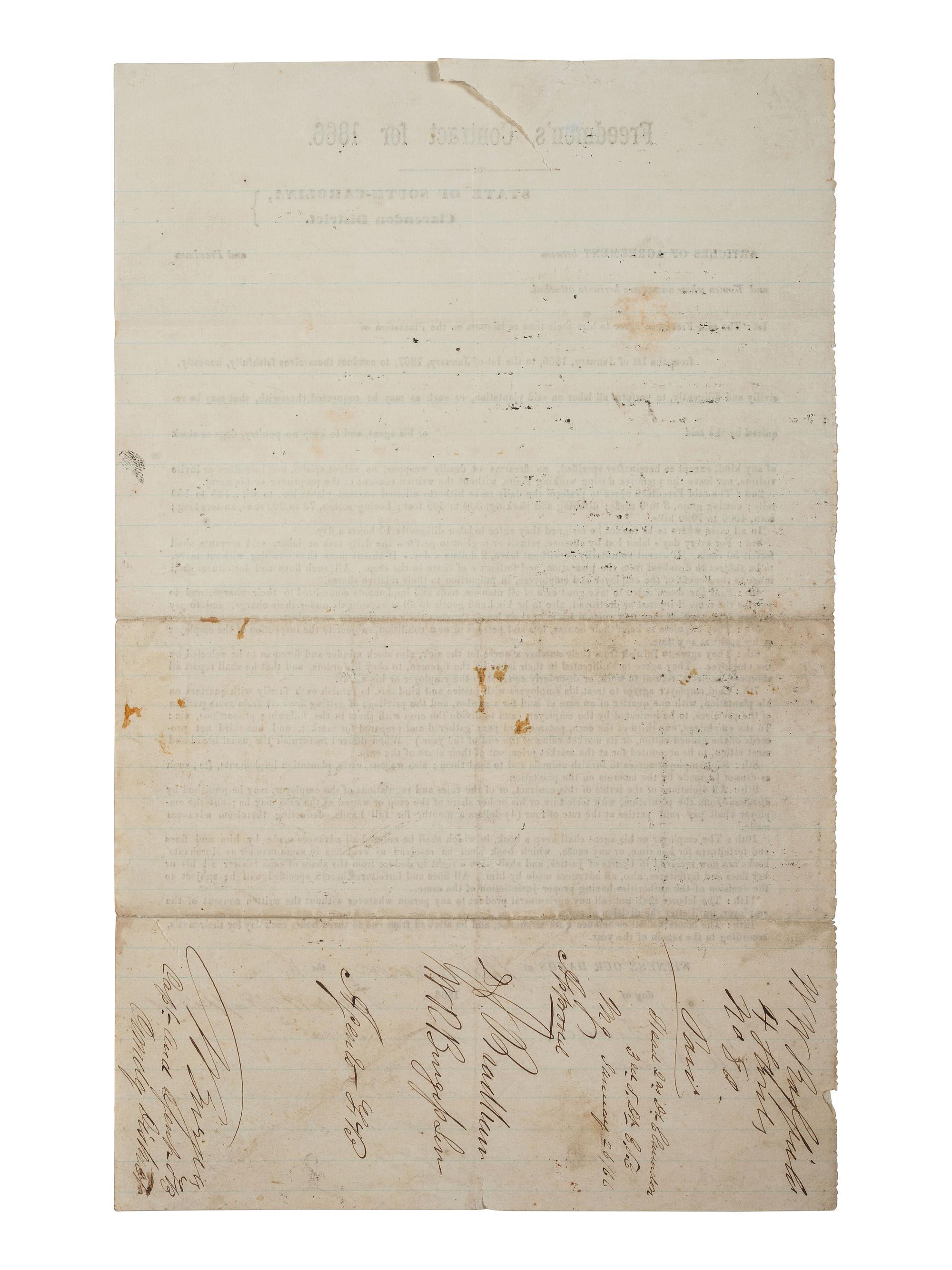[RECONSTRUCTION]. Labor contract between freedmen and women named "Joe," "Mindo," "Francis," and "Esel," and plantation owner W.W. Raffield. Clarendon District, SC. 16 January 1866.