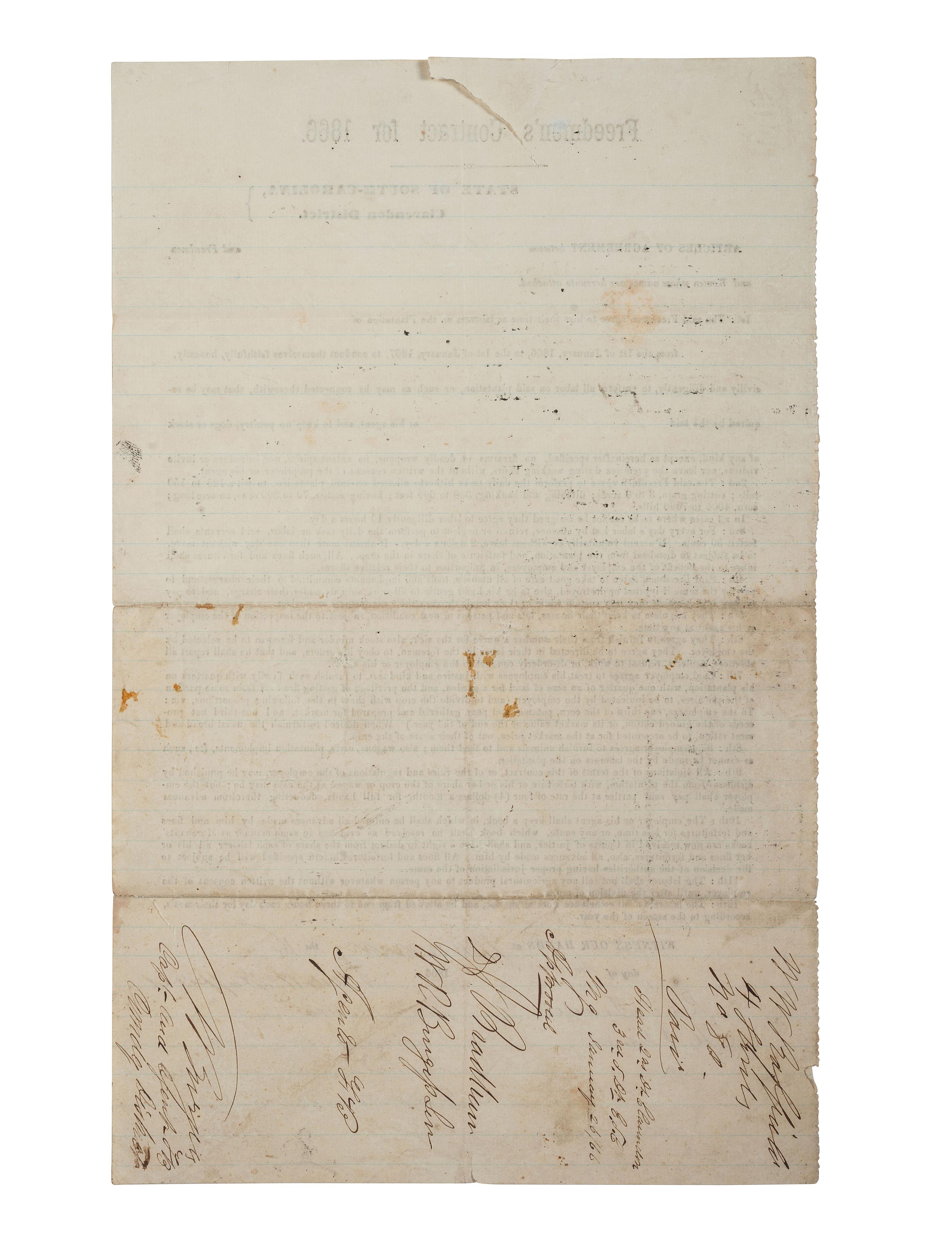 [RECONSTRUCTION]. Labor contract between freedmen and women named "Joe," "Mindo," "Francis," and "Esel," and plantation owner W.W. Raffield. Clarendon District, SC. 16 January 1866.