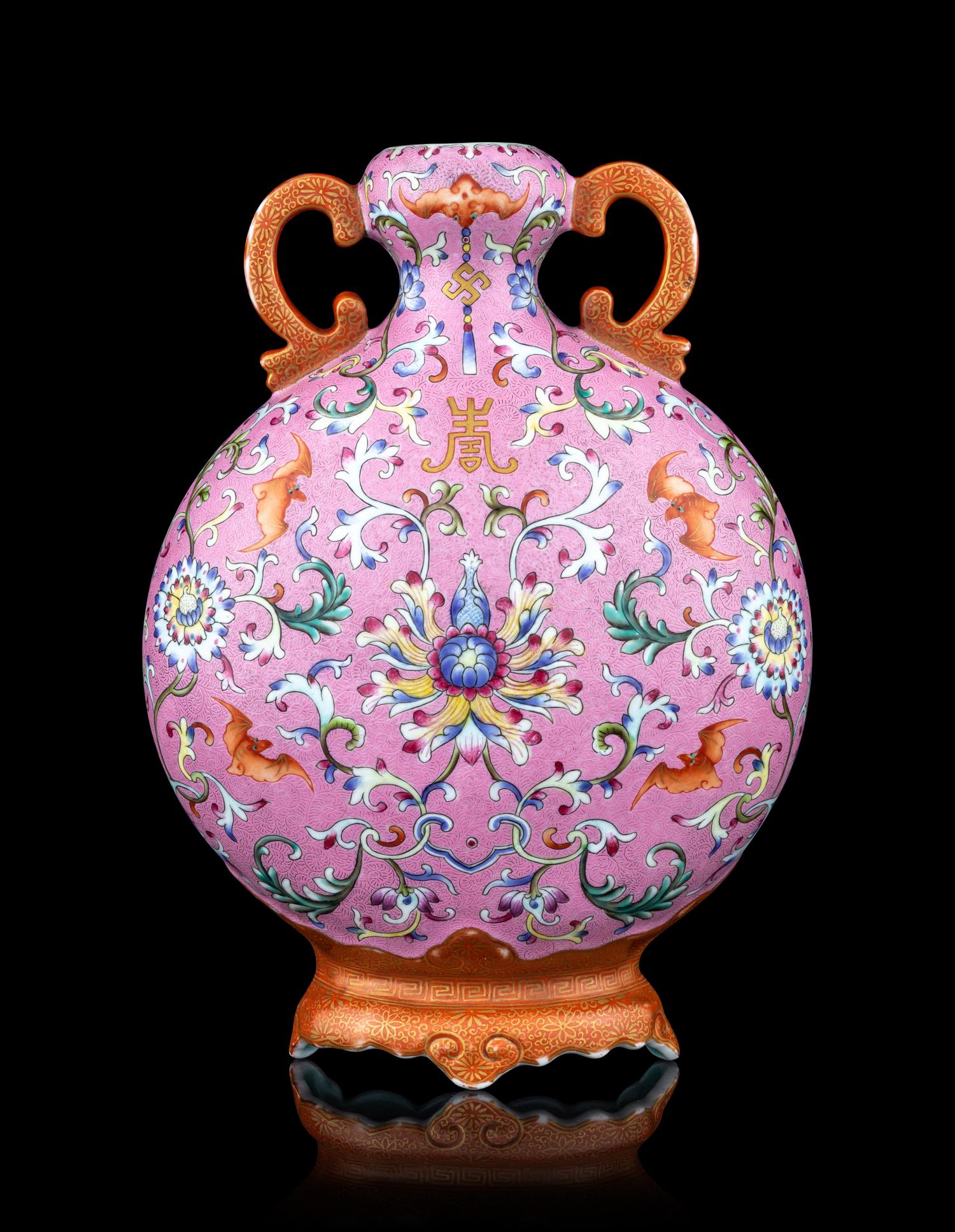 A Famille Rose Porcelain Moon Flask-Form Wall Vase