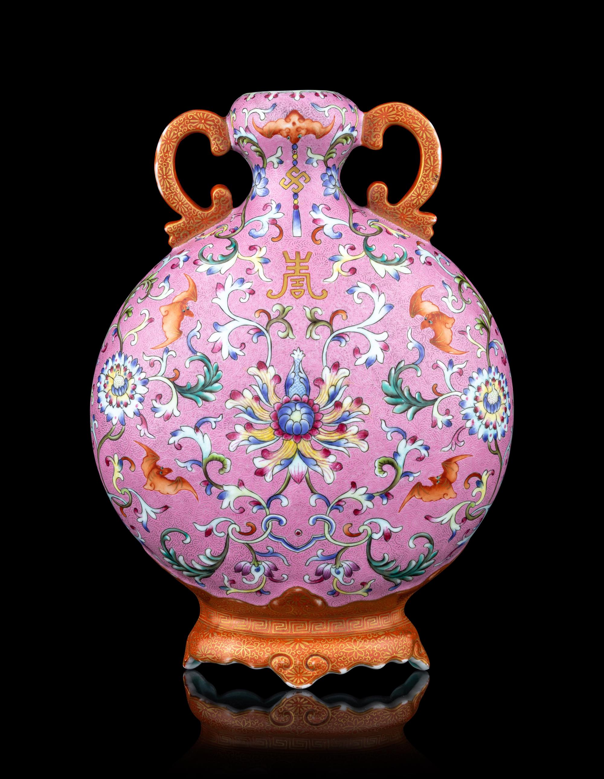 A Famille Rose Porcelain Moon Flask-Form Wall Vase