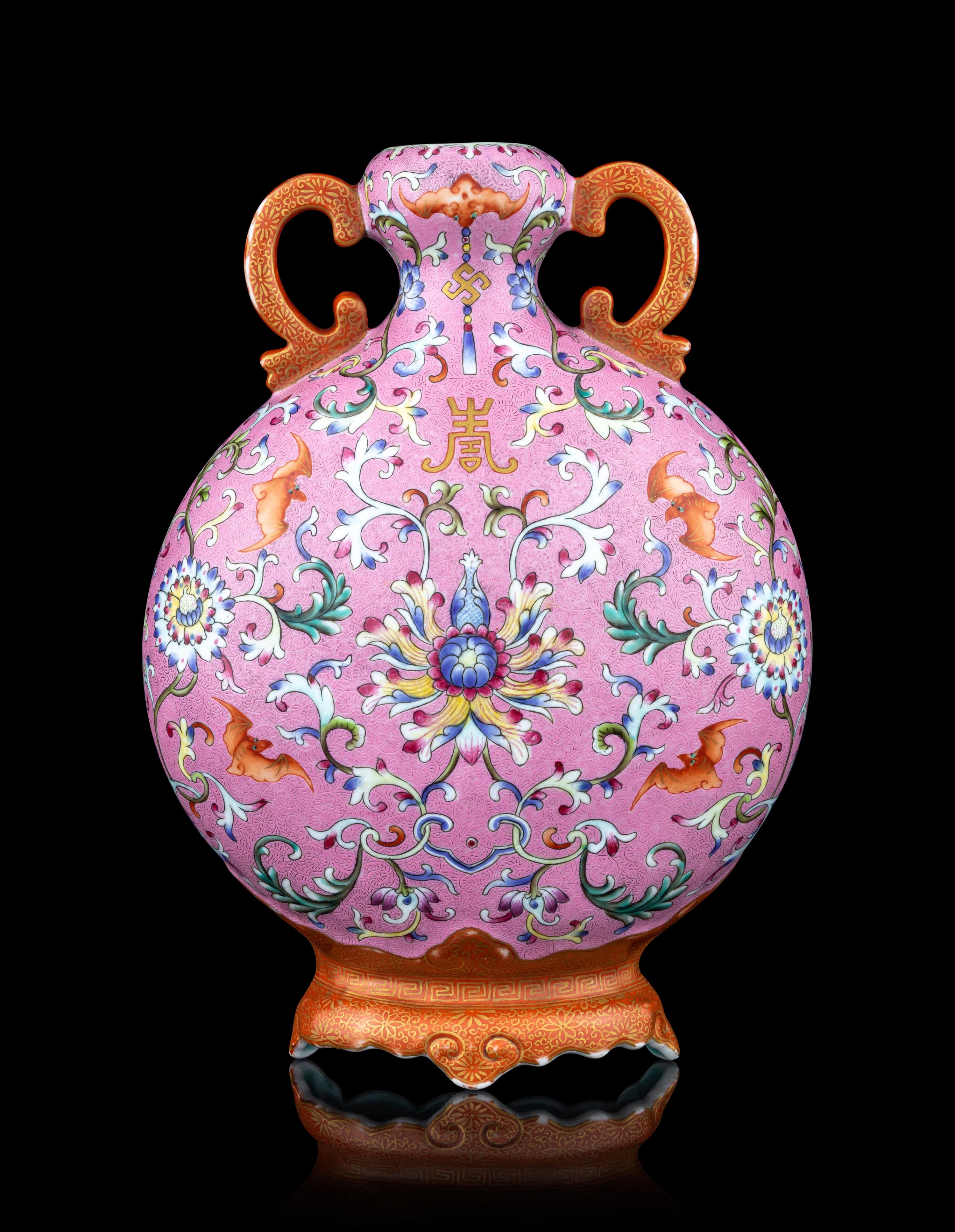 A Famille Rose Porcelain Moon Flask-Form Wall Vase