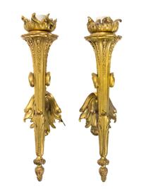A Pair of Neoclassical Gilt Bronze Single-Light Sconces Height 17 inches.