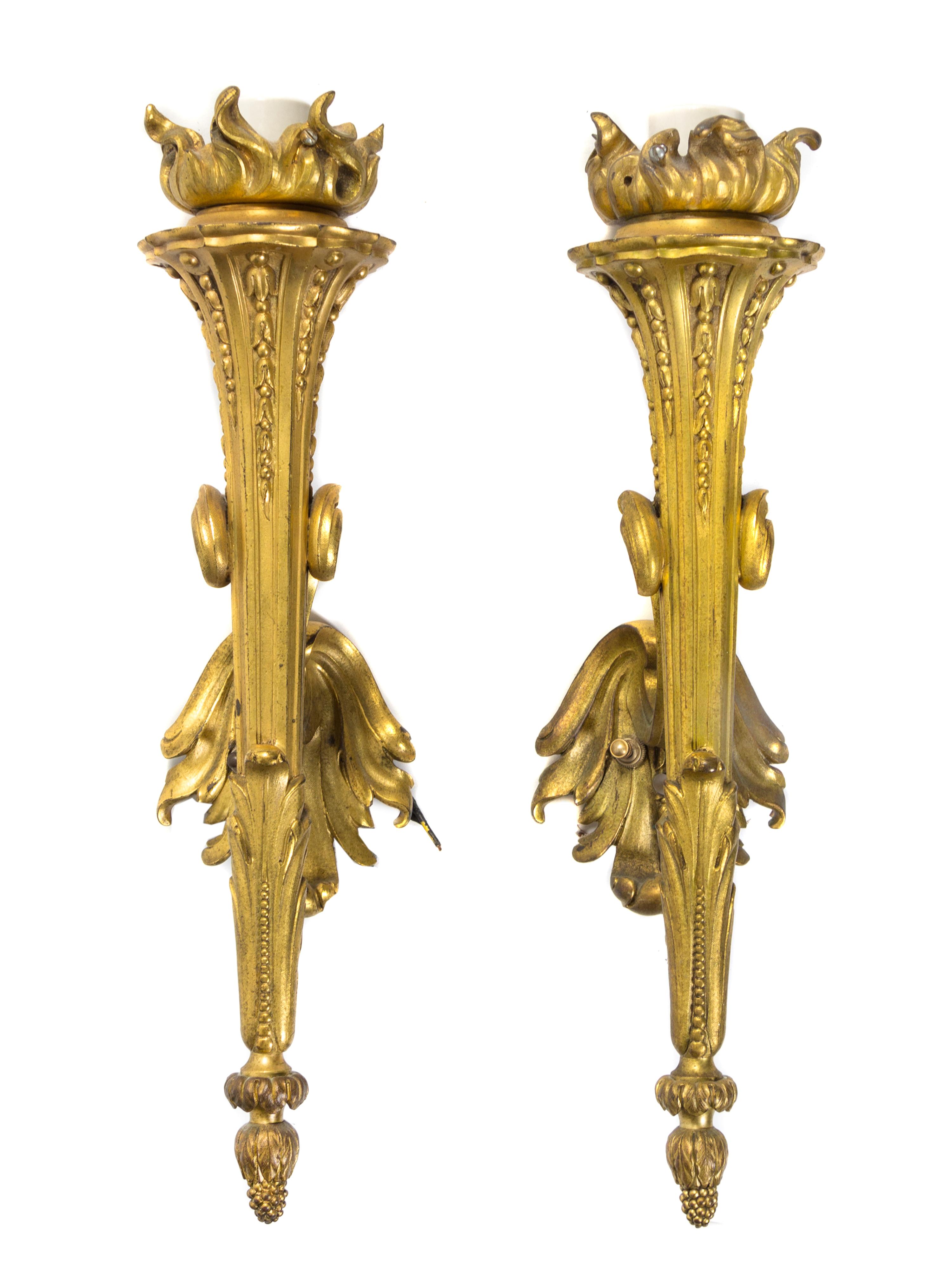 A Pair of Neoclassical Gilt Bronze Single-Light Sconces Height 17 inches.