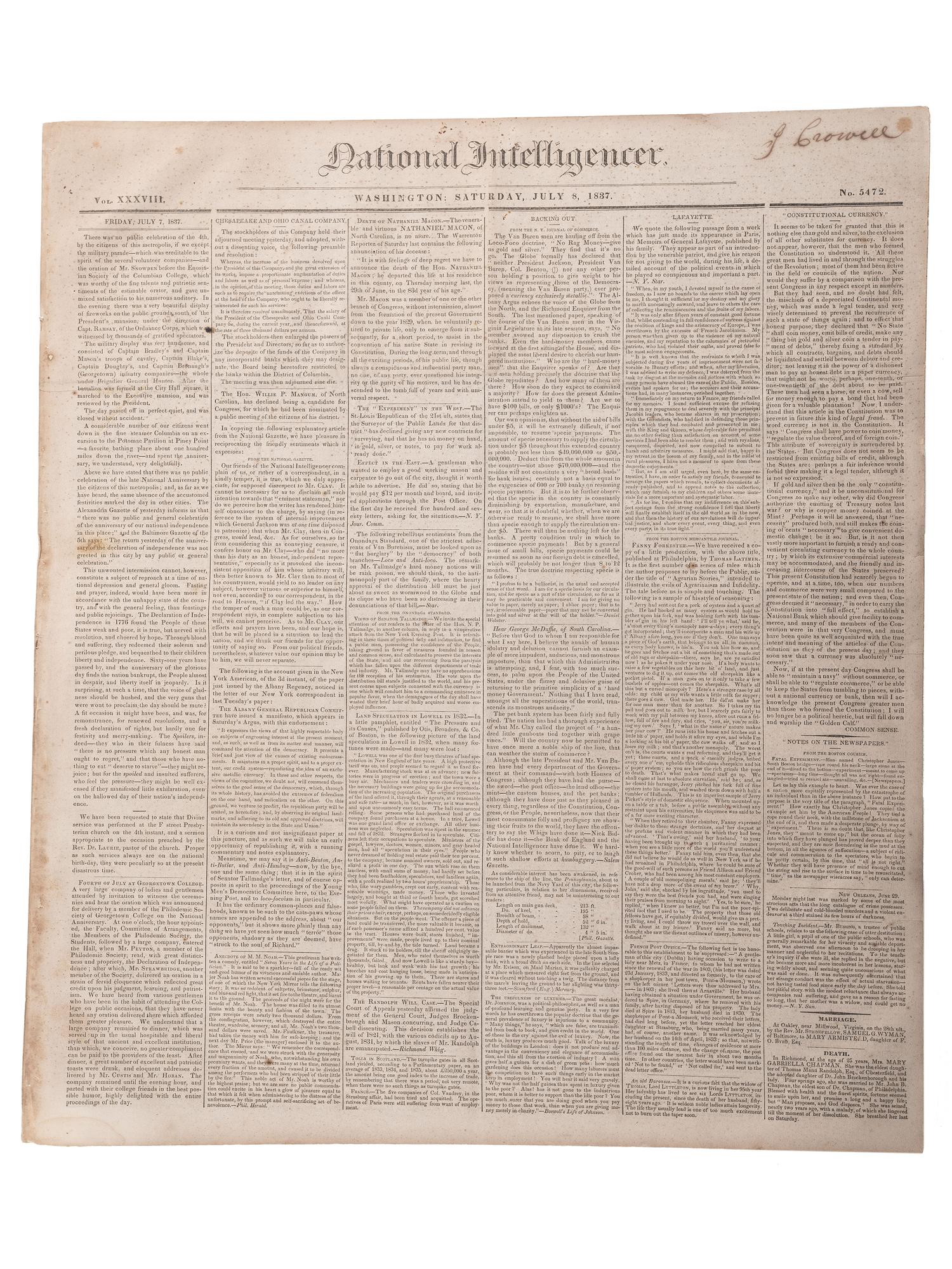 [SLAVERY & ABOLITION]. Advertisements for the return of freedom seekers published in 8 issues of The National Intelligencer . Washington, DC: May-August 1837.