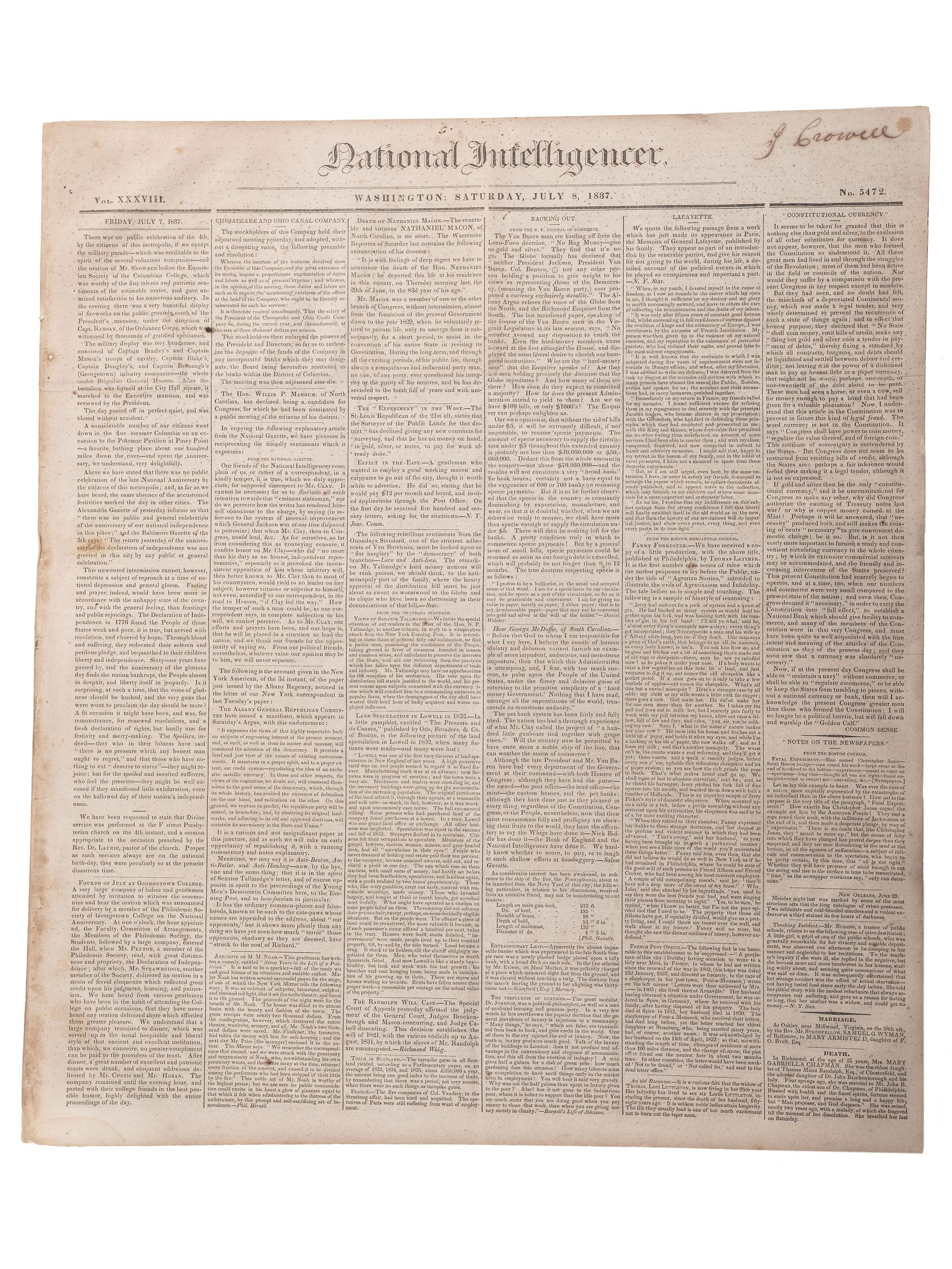[SLAVERY & ABOLITION]. Advertisements for the return of freedom seekers published in 8 issues of The National Intelligencer . Washington, DC: May-August 1837.