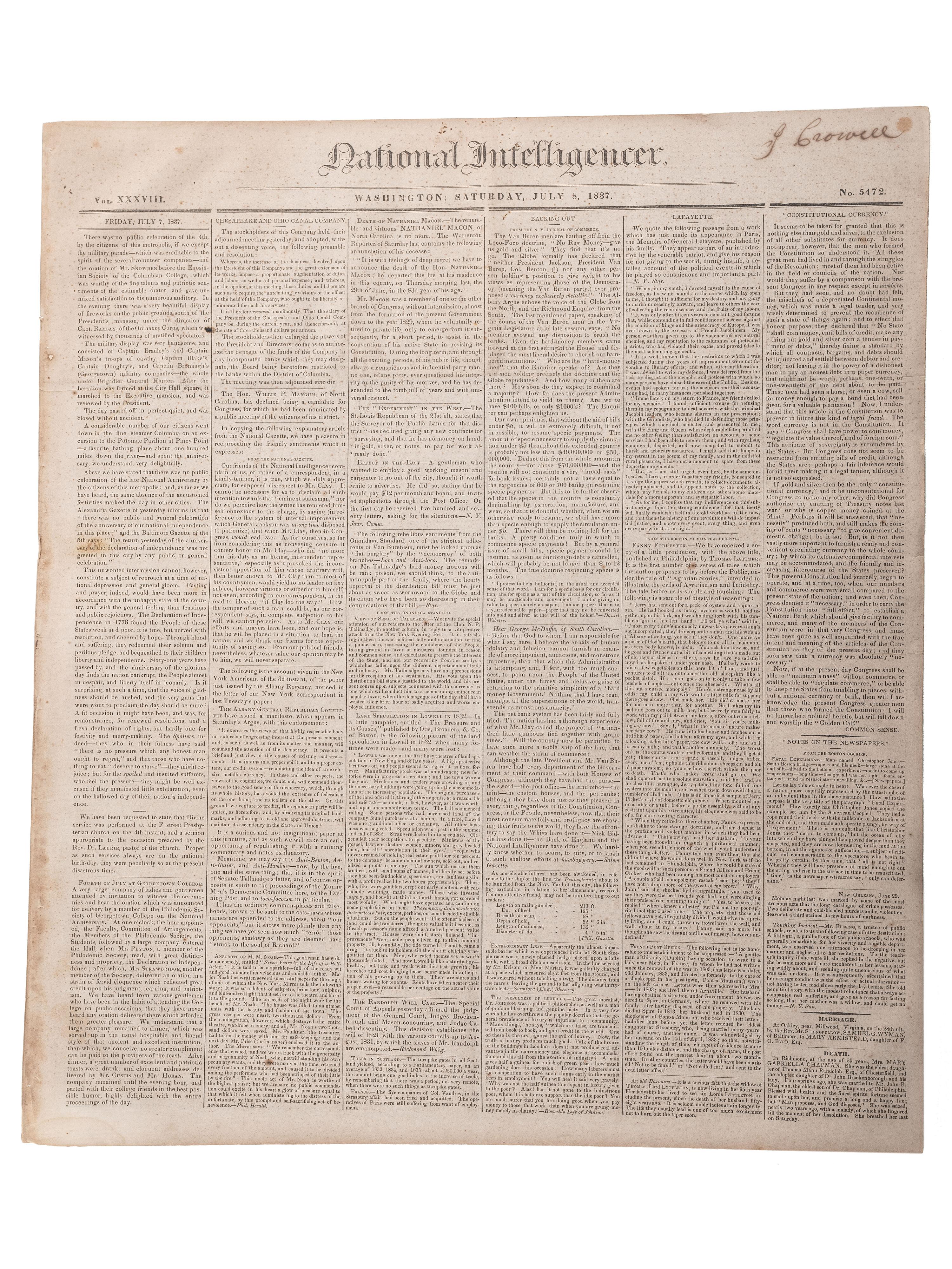 [SLAVERY & ABOLITION]. Advertisements for the return of freedom seekers published in 8 issues of The National Intelligencer . Washington, DC: May-August 1837.
