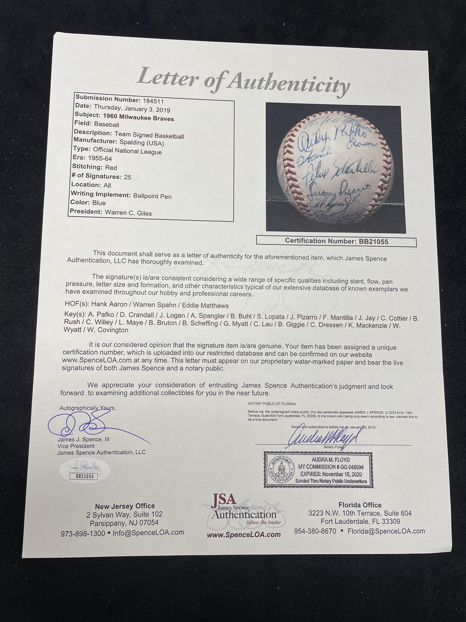 A 1960 Milwaukee Braves Team Signed Autograph Baseball Featuring Hank Aaron (JSA Letter of Authenticity),