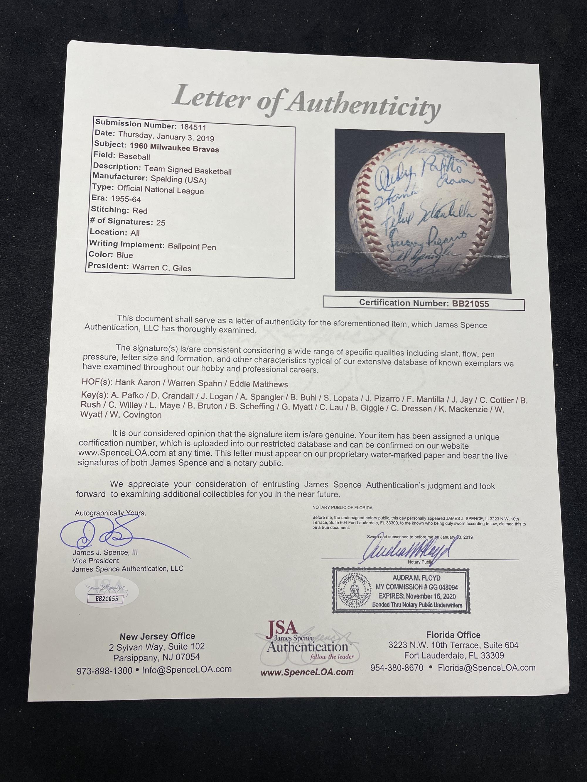 A 1960 Milwaukee Braves Team Signed Autograph Baseball Featuring Hank Aaron (JSA Letter of Authenticity),