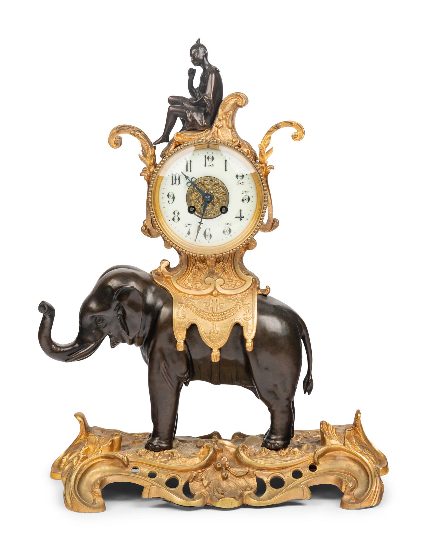 A French Gilt and Patinated Bronze Elephant and Rider Mantel Clock